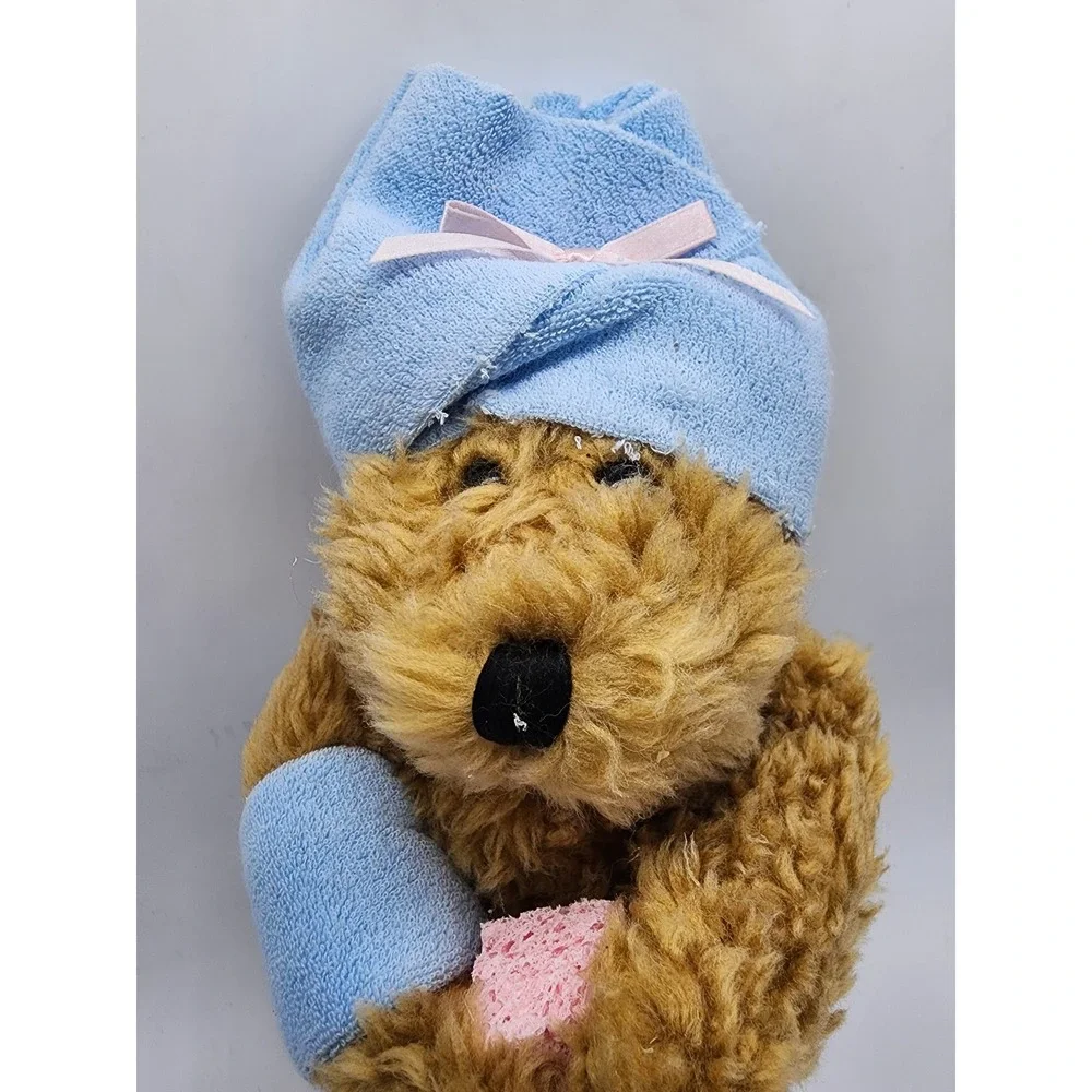 Vintage Plush Teddy Bear in Blue Spa Bath Robe with Towel Wrap and Slippers 11